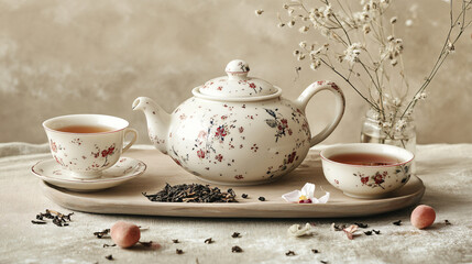 A charming tea setup with a delicate porcelain teapot, a matching teacup, and a selection of loose tea leaves.