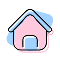 A pink house with a blue roof. The house is small and cute