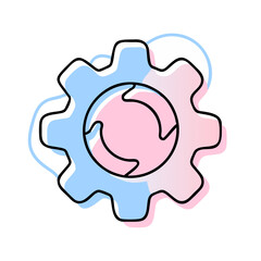 A blue and pink gear with a pink circle in the middle. The gear is a symbol of a machine or a device