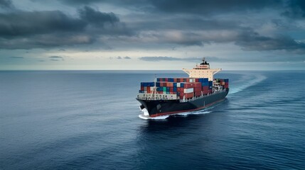 Fototapeta premium A cargo ship sailing on the open sea, loaded with containers. The ship is sailing across a vast ocean expanse. The background reveals a clear sky with a few clouds.