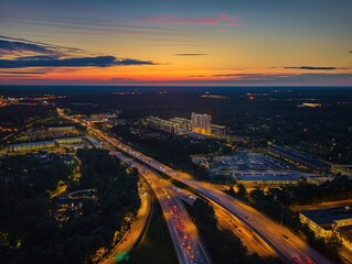 Aerial view of Gaithersburg cityscape illuminated at sunset. Busy highway, Maryland urban landscape, city buildings, houses, landmarks stand out against darkening sky. Cloudy horizon contrasts with