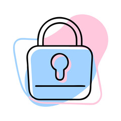 A blue and pink lock with a key on it. The lock is open and the key is missing