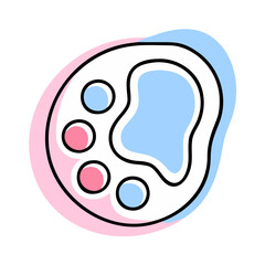 A colorful, stylized drawing of a paw with a blue and pink background. The paw is surrounded by five dots, which are red and pink. The image has a playful and whimsical feel to it