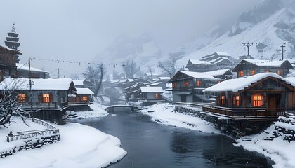Serene mountain village with snow-covered roofs.