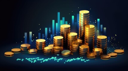 Stacks of golden coins against a dark blue background with a blue and green bar graph in the background.