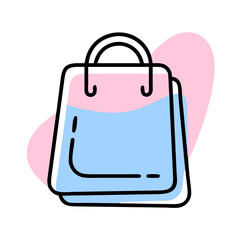 A blue shopping bag with a pink background. The bag is drawn in a cartoon style