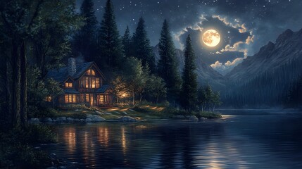 Fototapeta premium Lakeside house and trees illuminated by moonlight painting image