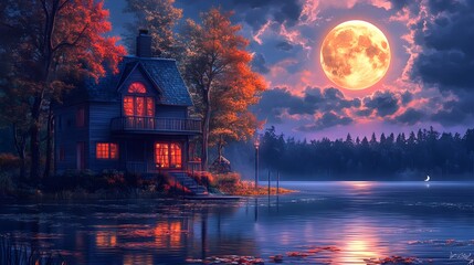 Fototapeta premium Moonlit night painting of house by tranquil lake image