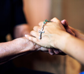 Support, rosary or people holding hands for worship, empathy or comfort for care, trust or prayer....