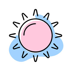A cartoon sun with a pinkish glow. The sun is drawn in a stylized way, with a lot of detail and shading. Scene is cheerful and bright, as the sun is a symbol of warmth and happiness