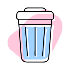 A blue cup with a lid on top. The cup is filled with water. The cup is placed on a white background