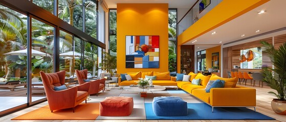 Modern living room with vibrant colors and sleek furniture.
