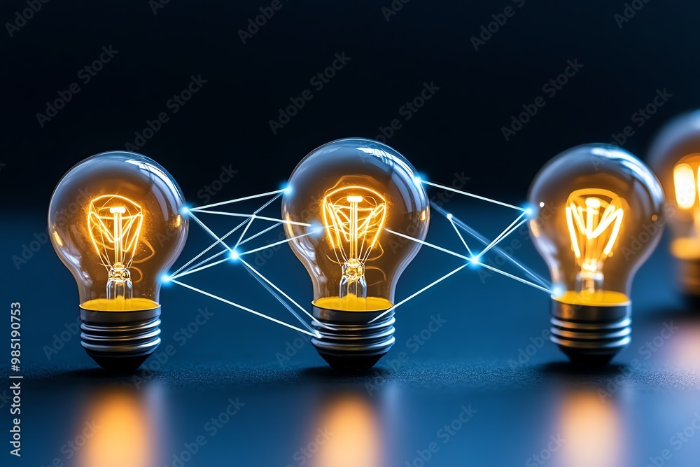 Poster abstract business incubator concept, with glowing lightbulbs connected by lines, symbolizing idea de