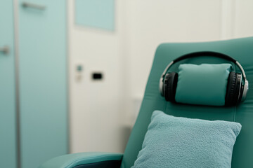 Cozy therapy chair with headphones ready for a patient in a contemporary ketamine clinic