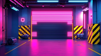 Obraz premium Neon Garage Interior with Striking Pink Lights