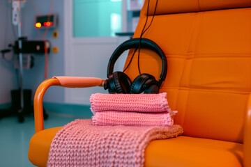 Pair of headphones and a pink blanket are neatly arranged on a cozy chair in a ketamine therapy clinic