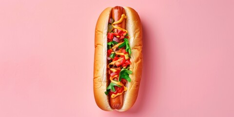 Aerial perspective of a tasty hot dog against a pink backdrop.