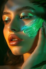 Caucasian model woman with striking green eyes, bold red lips. Close-up view of facial features in soft gray background. Used for beauty studio promo, cosmetic advertising.