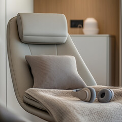 Comfortable therapy chair with headphones and blanket waiting for a patient in a modern clinic