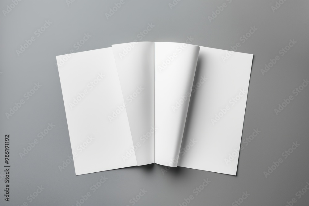Poster Grey background with stacked blank paper sheets for brochure mock up. Top view of empty pages, design space for printing and publishing. Layout for business card, catalog, pamphlet, and booklet.