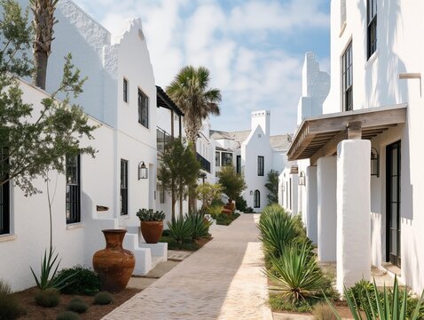 Medieval-style house with stone exterior in Alys Beach near Emerald Coast, Florida. Traditional European architecture with narrow roof, door, window. Heritage building with residential style,