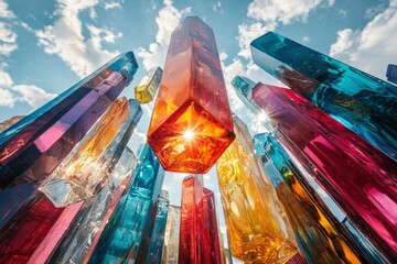 Colorful Glass Prisms Reflecting Sunlight Against a Blue Sky with White Clouds