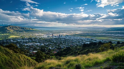 Panoramic view of Christchurch cityscape in New Zealand. Urban landscape with various buildings, skyscrapers, and architecture. Christchurch cityscape at sunset with sky and landscape.