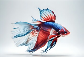 Fototapeta premium A red and blue Siamese fighting fish, also known as a betta fish, with flowing fins and vibrant colors against a plain white background