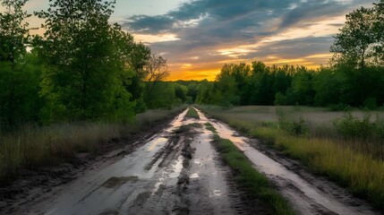 A dirt road with mud and grass. The road is surrounded by lush green trees. The sky has a mix of orange and blue hues, indicating a sunset. The ground is wet and muddy in some parts.