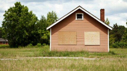 Abandoned house with boarded windows in grassy field