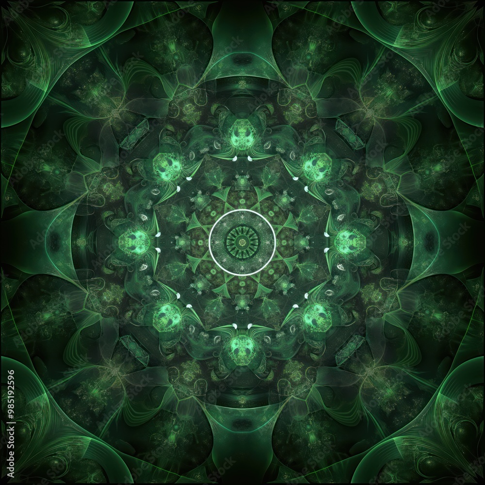 Aufkleber abstract fractal backdrop with vibrant green kaleidoscope design. geometric pattern features intrica