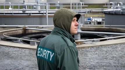 Fototapeta premium A sewage treatment plant employee wearing a green security outfit. The employee is looking to the right. The background contains the domestic wastewater treatment facilities.
