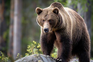 Fototapeta premium Grizzly bear on rocky outcrop in Finnish forest. Furry brown animal stands on tree stump in green woodland. Blurry background highlights wild bear in natural habitat.