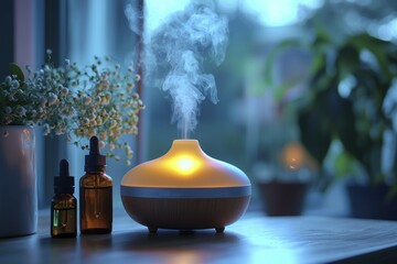 Essential Oil Diffuser with Steam and Bottles on a Table