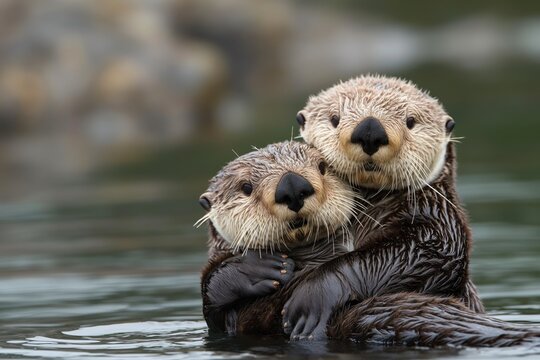 Two adorable sea otters hugging in lake. Furry friends embracing in calm water. Otters faces close together, fur entwined. Gentle scene in aquatic environment.