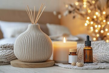 Obraz premium Aromatic Diffuser, Candle, and Essential Oil Bottles on a Wooden Table
