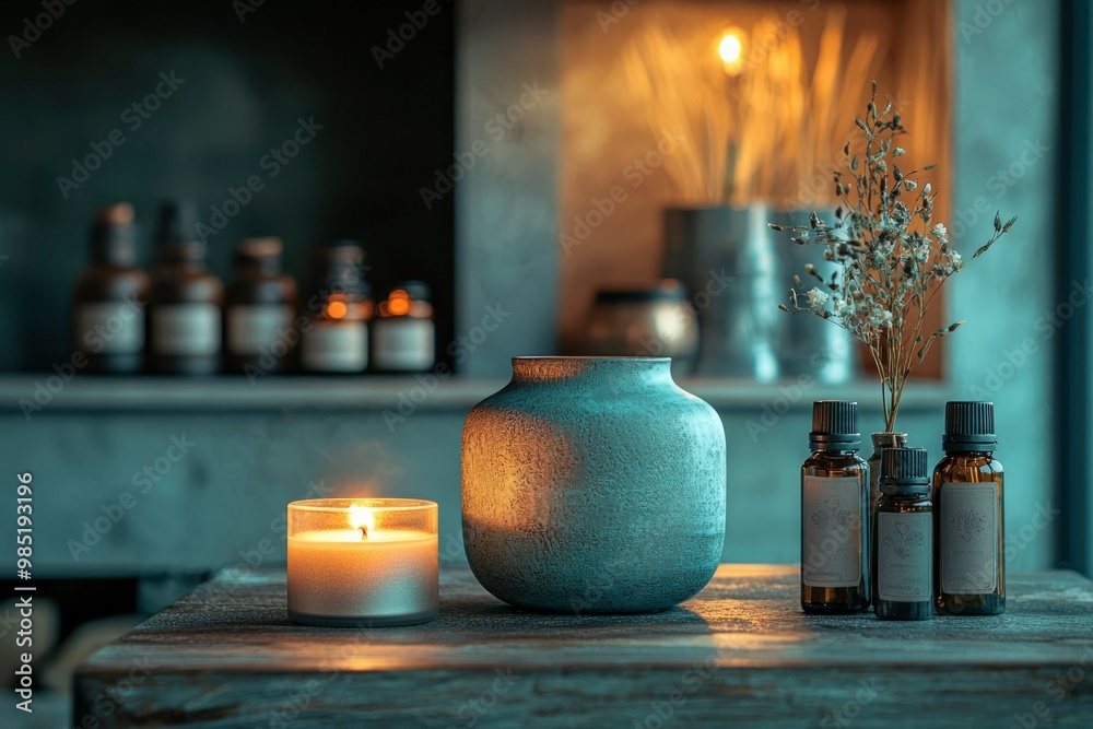 Sticker Scented Candle, Vase, and Essential Oils on Wooden Table