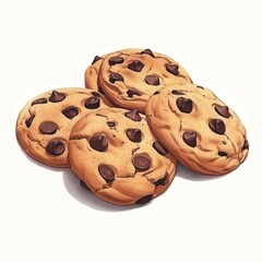 Fototapeta premium Chocolate chip cookies placed side by side on white background. Cookies have identical appearance, light color, and soft texture. They are baked, sweet, and deliciously indulgent treats.