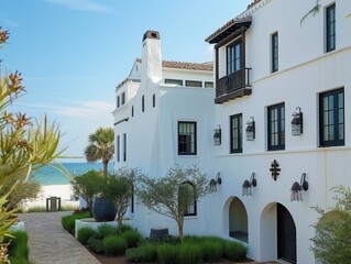 Medieval-style house in Alys beach, Florida with stone exterior, traditional architecture, narrow windows, door. Old building with European flair, cultural heritage, residential style, roof, exterior