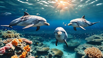 Underwater Serenity: Dolphins Dancing Amidst Coral Reef in an AI-Generated Electronic Collage