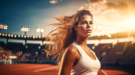 A girl at the stadium in sportswear looks confidently into the camera.	
