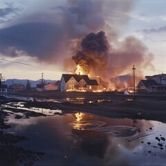House engulfed in flames at dusk, surrounded by other houses and buildings reflected on a body of water. A plume of smoke billows from the burning structure, contrasting against the dark sky.
