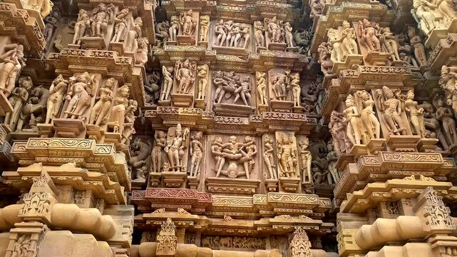 Exotic sculptures on the wall of Kandariya mahadev temple and Devi Jagadambi in khajuraho, madhya pradesh, India.Unesco world heritage site.