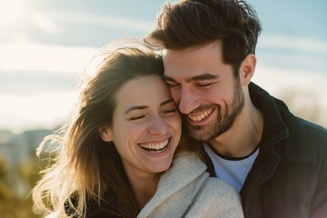 Obraz premium Caucasian couple smiling and cuddling on a sunny day in a park. Woman and man are happy and in love, embracing each other. Casual attire, hot drink in hand, enjoying life together.