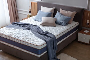 Contemporary bedroom with comfortable double bed, modern mattress. Clean, cosy space with white wall, large window. Soft blanket, pillow add to relaxing atmosphere. Healthy sleep in modern home