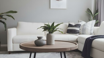 Elegant Modern Living Room Showcase Featuring a Stylish White Sofa, Contemporary Coffee Table, and Green Plants – A Perfect Blend of Comfort and Aesthetic Charm