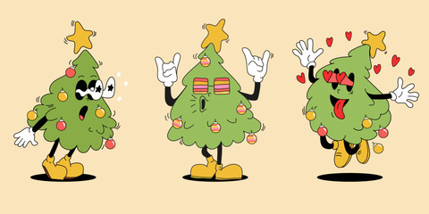 Groovy Christmas Tree Character, Retro Space with Tinsel, Light Garland, Gift Box and Shades. Jiviest Holiday Personage. Coloring page