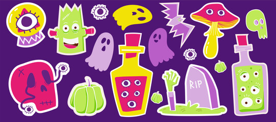 Cute Halloween decoration element sticker set. Psychedelic skull, a magic potion and a jar with eyes. Collection of creepy ghost, pumpkin, bat, poisonous mushroom, grave, magic ball,  zombie hand.