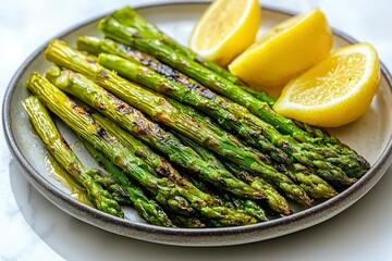 Grilled Asparagus with Lemon Wedges on a Plate