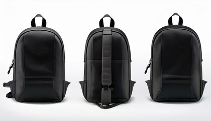 Naklejka premium Realistic mockups of a black backpack, shown from various angles, including front, back, and isometric views